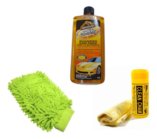 Kit Lavado De Auto Shampoo Manopla Microfibra Paño Chamois
