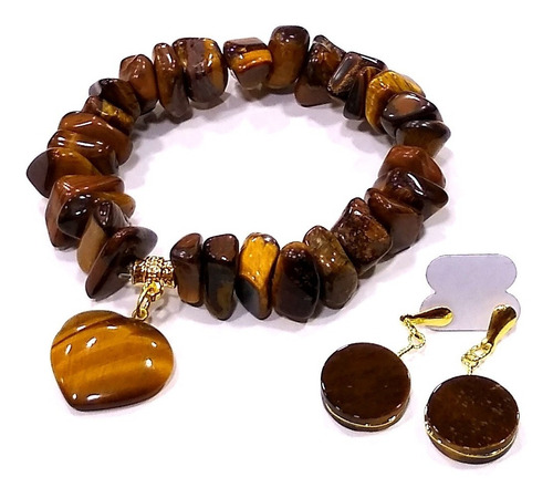 Pulseira + Brincos Olho De Tigre Pedra Do Brasil Natural F46