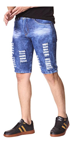 Bermudas Jeans Masculina Rasgada Com Bolsos E Cordão