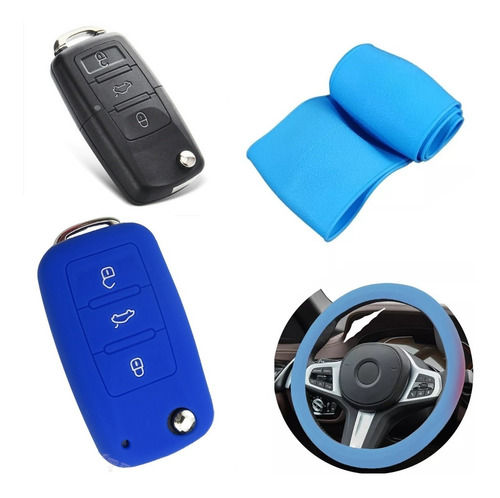 Cubre Volante + Funda Llave Silicona Volkswagen Fox Azul