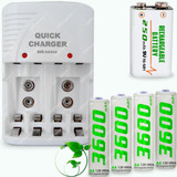 Kit Cargador, 4 Pilas Aa 3600mah Y Pila 9v Recargables 