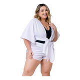 Saída De Praia Aberta Plus Size Vestido Kimono Curto + Short