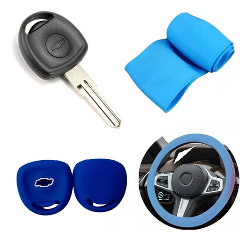 Cubre Volante + Funda Llave Silicona Chevrolet Corsa Azul
