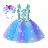 Vestido Conjunto Disfraz Sirenita Niña Tutú Tul + Led