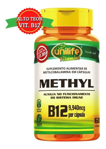 Vitamina B12 Metilcobalamina Unilife 60 Cápsulas. Sabor Sem Sabor