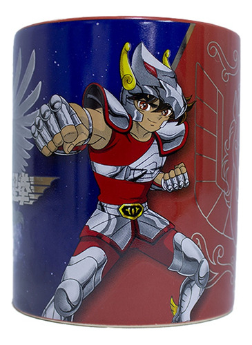 Taza Coleccionable Caballeros Del Zodiaco Acabados Metalico Color Rojo/azul Seiya El Pegaso