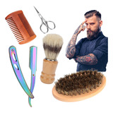 Kit 5p Cuidado De Barba Cepillo Bambú Tijera Navaja Brocha F