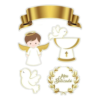 Topo de Bolo Dourado Meu Batizado Personalizado 21x17cm | Frete grátis