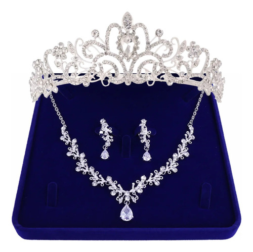 Conjunto Colar Brinco Tiara Joia Para Noiva Prata Zirconia 