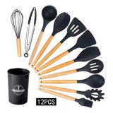 Merlink Kit 12 Utensílios De Cozinha Silicone Cabo Madeira Escumadeira Cor Preto