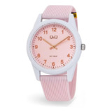 Reloj Q&q Silicona Mujer Colores Pastel Deportivo Correa Rosa Claro Bisel Blanco Fondo Rosa Claro