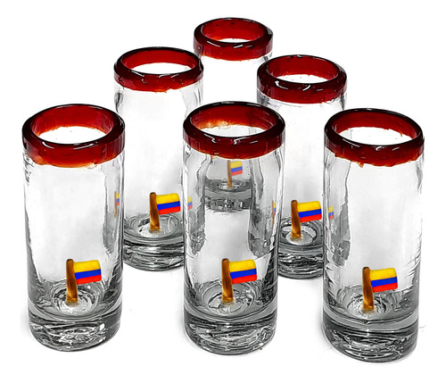 Set 6 Shot Tequilero Cilíndrico Borde Color Bandera Colombia