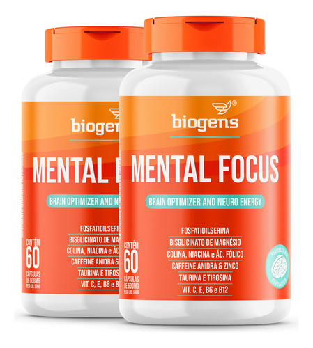 Kit 2x Mental Focus, Otimizador Cerebral, 60 Cáps, Biogens