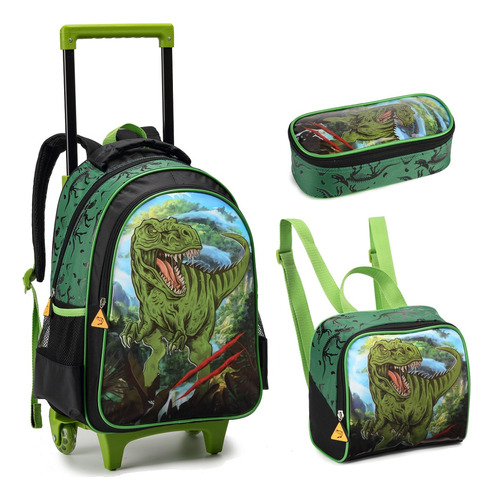 Kit Mochila Escolar Menino Infantil Rodinha Dino Dinossauro