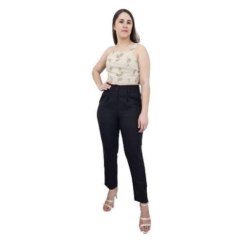 Calça Feminina Cintura Alta Com Bolsos Social Elegante Linho