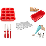 Set Kit Pasteleria Moldes Silicona Muffins Rejilla Espatulas