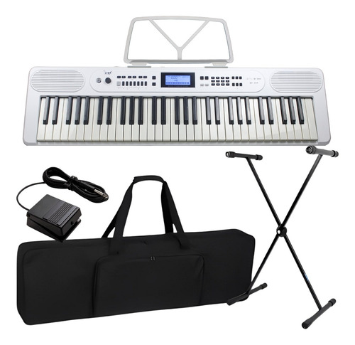 Kit Teclado Musical Bravo Bp399 Bluetooth Usb 61 Teclas Sensitivas Capa Pedal Sustain Suporte Completo Branco