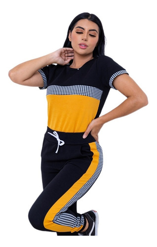 Conjunto Moda Feminina Blusa Manga Curta+calça Crepe Xadrez 