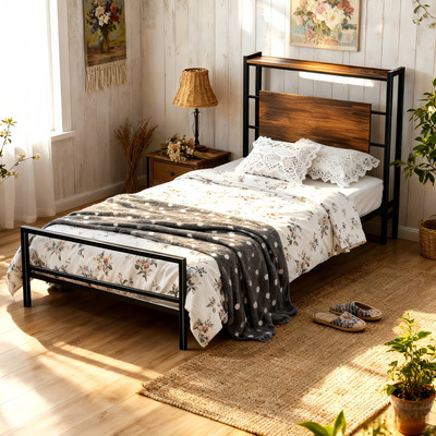 Base De Cama Individual Metal Con Cabecero De Madera