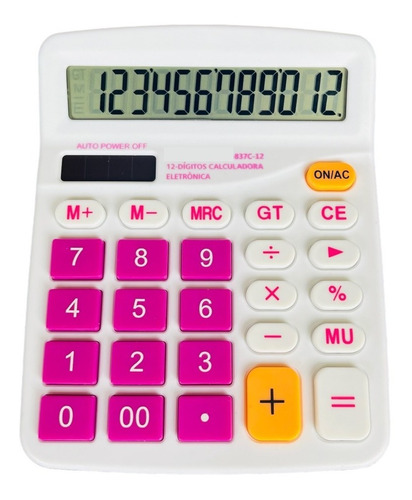 Calculadora Mesa Rosa E Branco Visor Grande 12 Dígitos C/nfe