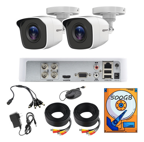 Kit Video Vigilancia Epcom 2 Cámaras 1080p Disco Duro 500gb