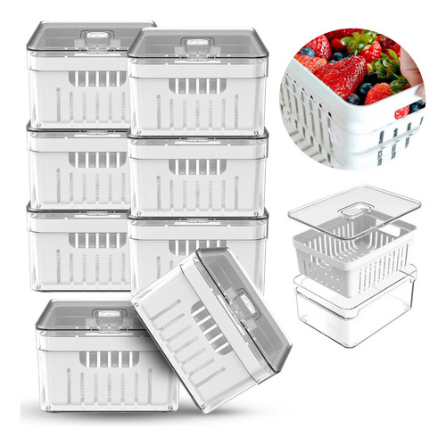 Organizador Geladeira Frutas Legumes Vegetais 8 Potes Cesto Cor Branco