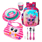 Kit Mochila Escolar 3d C/ Jogo Refeição Infantil Coruja 8pçs