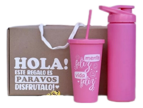 Box Regalo Botella Y Vaso Con Sorbete/ Rosa/ Frase/ Teen