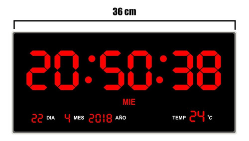 Reloj Digital De Pared Led Numeros Rojos Termómetro 36 Cm