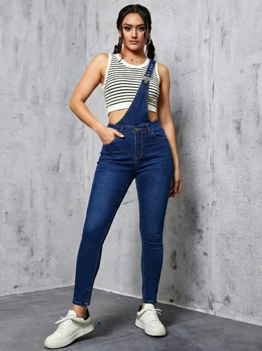 Overol De Mezclilla Skinny Oscuro Talle Alto Mujer B802 | Meses sin interés