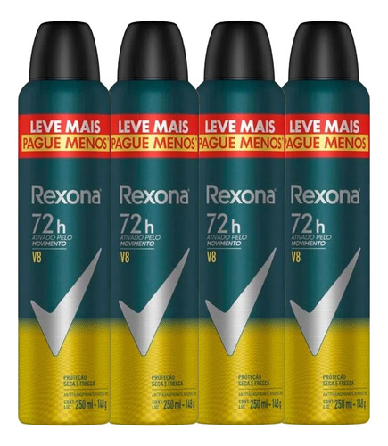 Kit Desodorante Aerosol Rexona V8 Amarelo 250ml - 4 Unidades