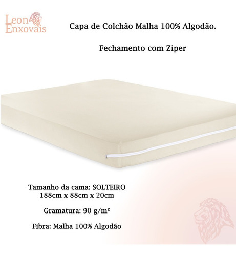 Capa De Colchão Solteiro C/ziper Malha 100%algodão Buettner