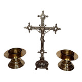 Conjunto Altar Bronze 2 Castiçais 15cm 1 Cruz 47cm Artesanal