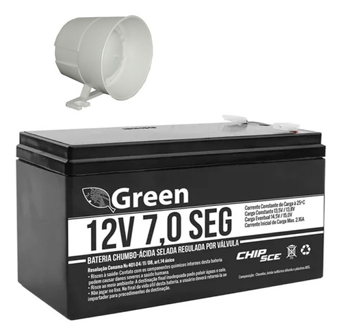 Bateria Selada Alarme 12v 7ah Potente Green + Sirene Potente