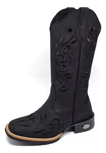 Bota Texana Candieiros Couro Preto Bordado Preto