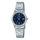 Reloj Casio Mujer Acero Calendario Ltp-v002d-2b3 Color De La Malla Plateado Color Del Bisel Plateado Color Del Fondo Azul Oscuro