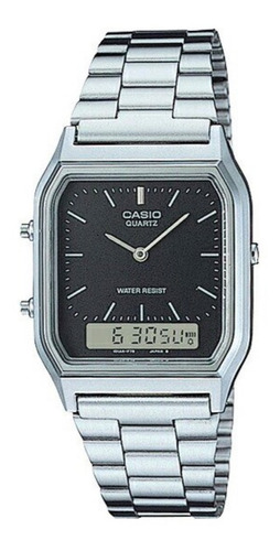 Reloj Casio Vintage Aq230 Negro Hora Doble Acero Inoxidable 