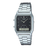 Reloj Casio Vintage Aq230 Negro Hora Doble Acero Inoxidable 