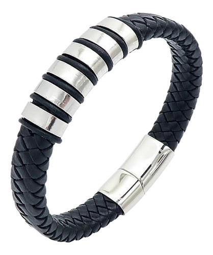 Pulseira Masculina De Couro Trançado Com Aço Inox Viking