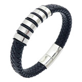 Pulseira Masculina De Couro Trançado Com Aço Inox Viking