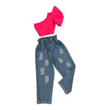 Conjunto Feminino Blogueirinha Cropped Babado Jeans Mom Luxo