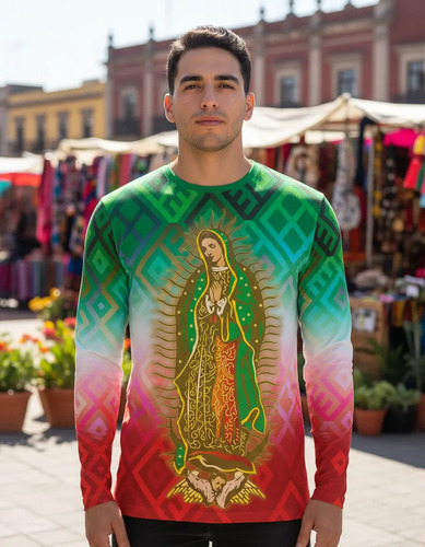 Playera Caballero Manga Larga Virgen Guadalupe Tricolor