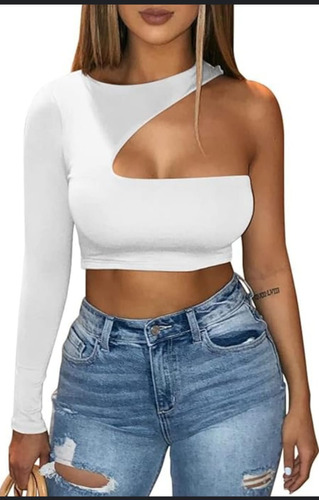 Crop Top De Mujer Blusa Corta Manga Larga De Un Hombro