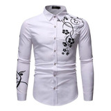 Elegante Camisa Negra Estampada Flores Doradas Hombre