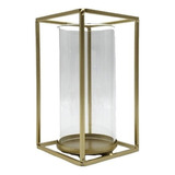 Candelabro Porta Vela Cubo Metálico Dorado Con Vidrio