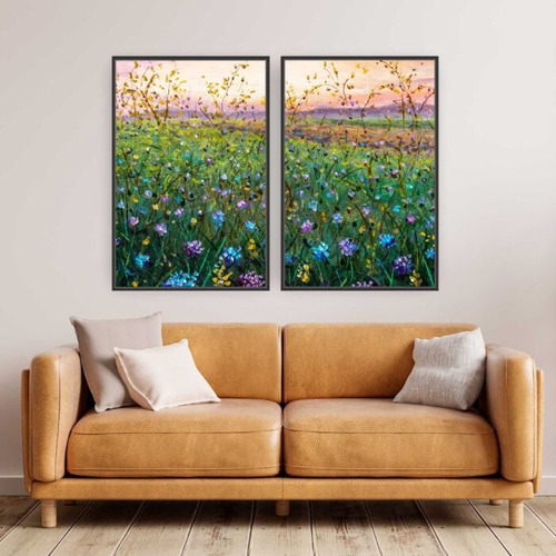 Quadro Composição Duplo Gramado Florido 120x80 Com Moldura