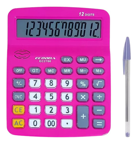 Calculadora Digital Rosa Visor 12 Dígitos A Pilha Escritório