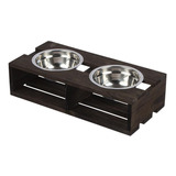 Comedouro Madeira Elevado C/ 2 Potes Inox P/ Cães E Gatos- M