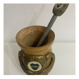 Antiguo Mate Madera  Y Bombilla Con Escudo Metal Boca Jrs