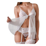 Babydoll + Less + Portaligas Conjunto Blanco Camisolin Sexy